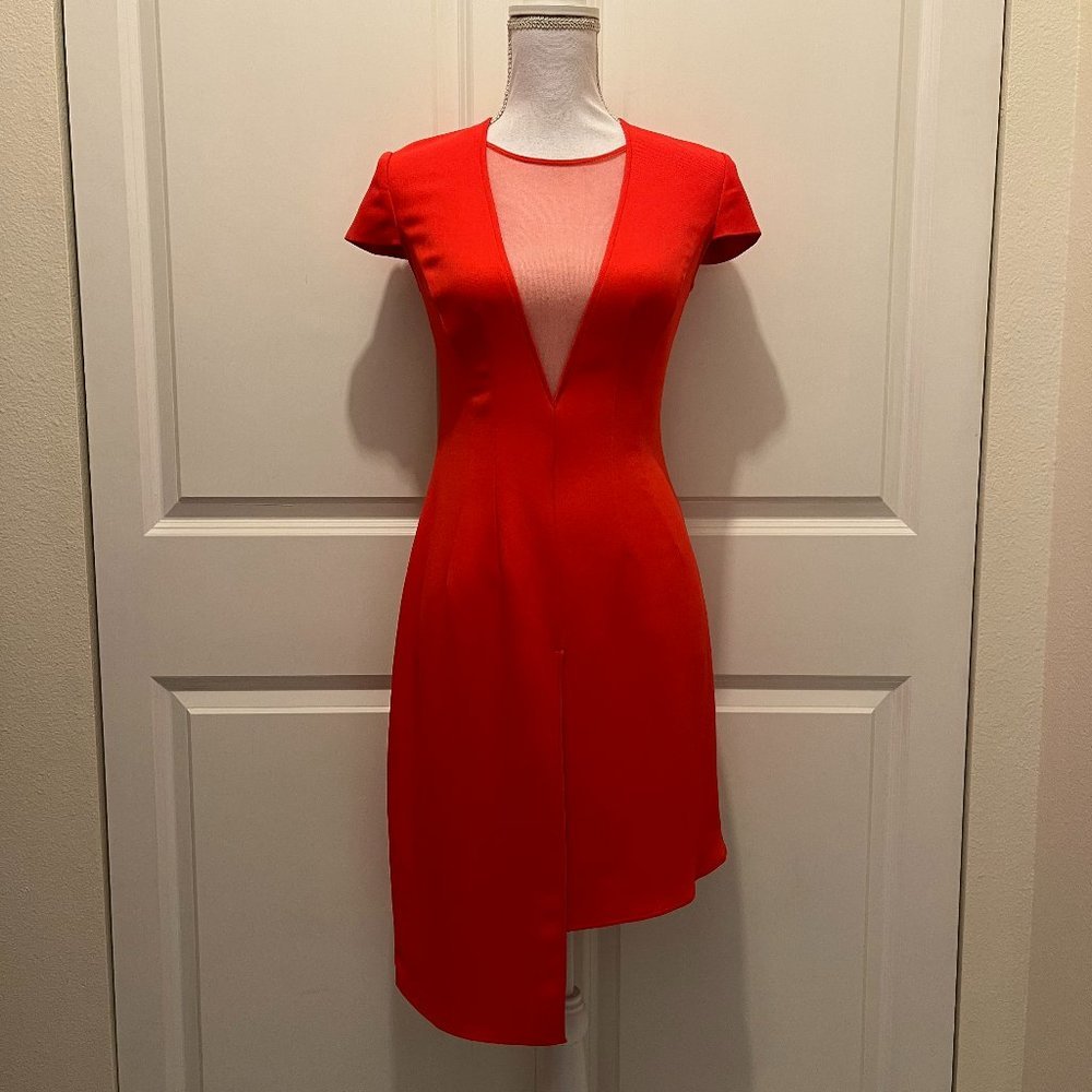 Elisabetta Franchi Mesh Plunge V-Neck Cap-Sleeve Dress